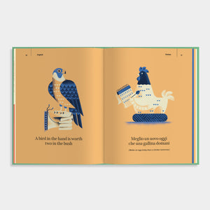 Open book of 'An Apple a Day' with illustrations of a falcon and a rooster, accompanied by text on a beige background.