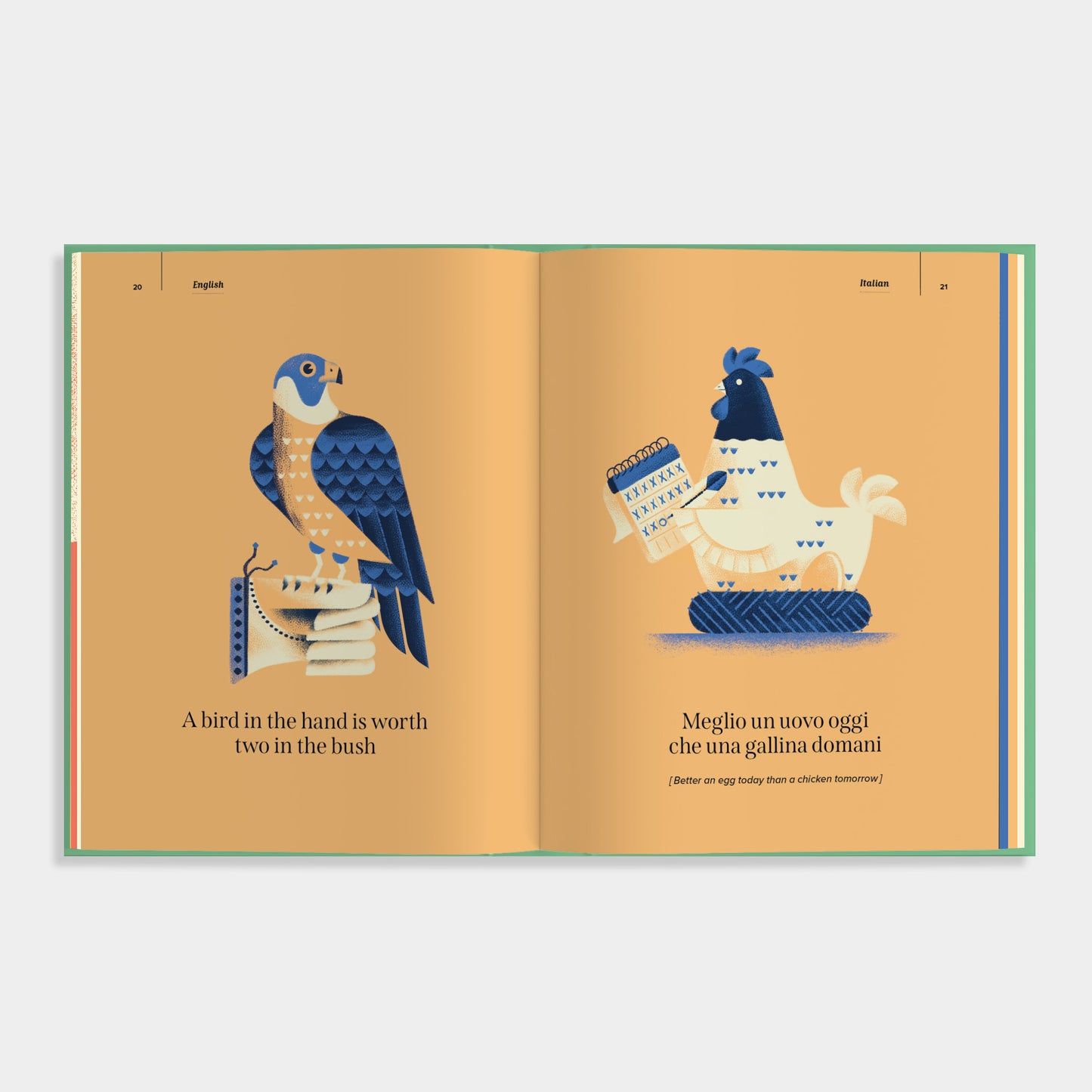Open book of 'An Apple a Day' with illustrations of a falcon and a rooster, accompanied by text on a beige background.