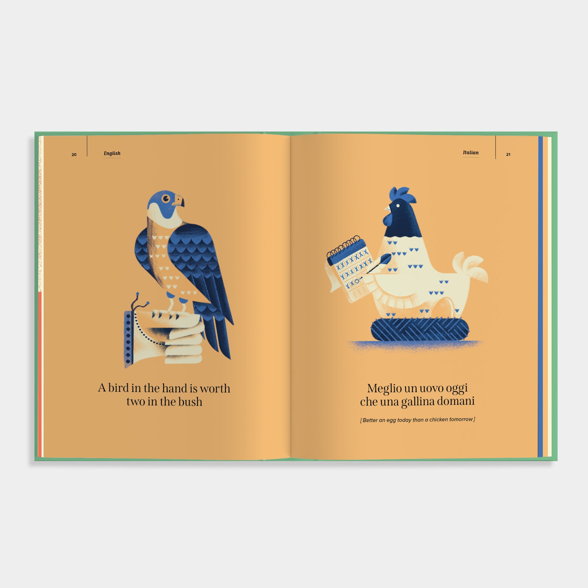 Open book of 'An Apple a Day' with illustrations of a falcon and a rooster, accompanied by text on a beige background.