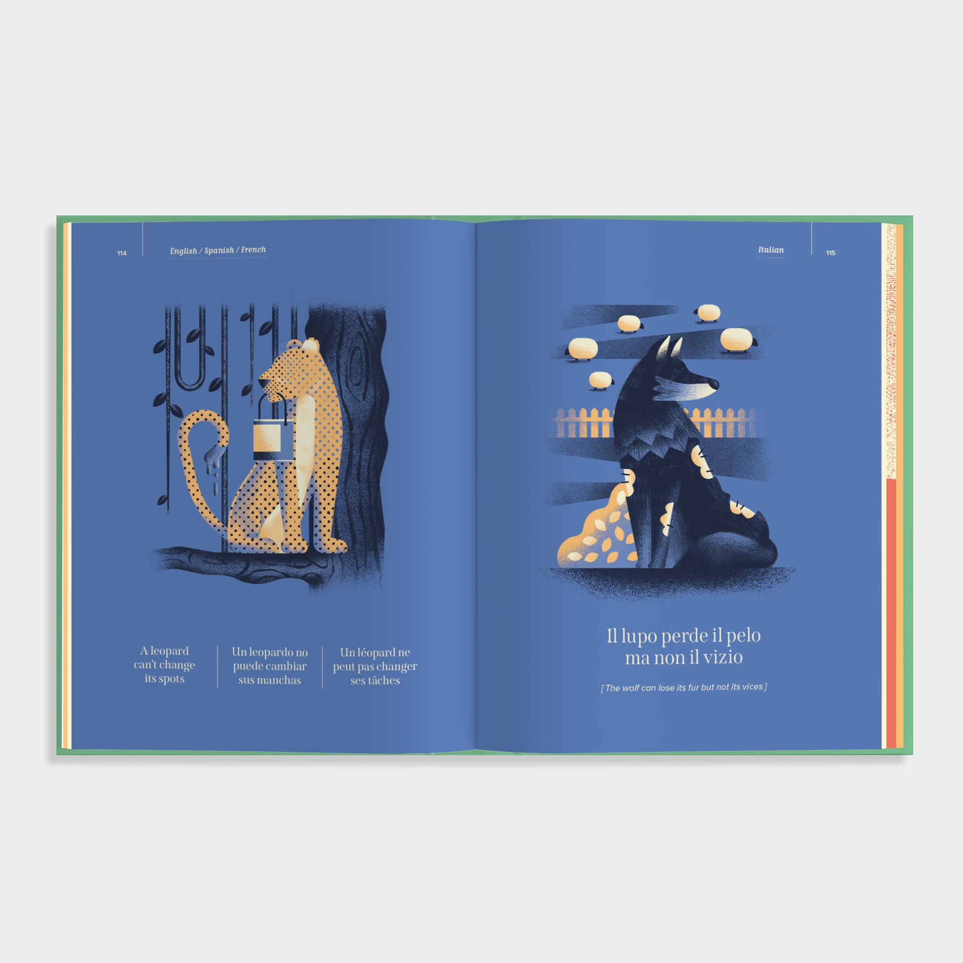 Open book of 'An Apple a Day' with illustrations of a lion and a wolf on blue pages