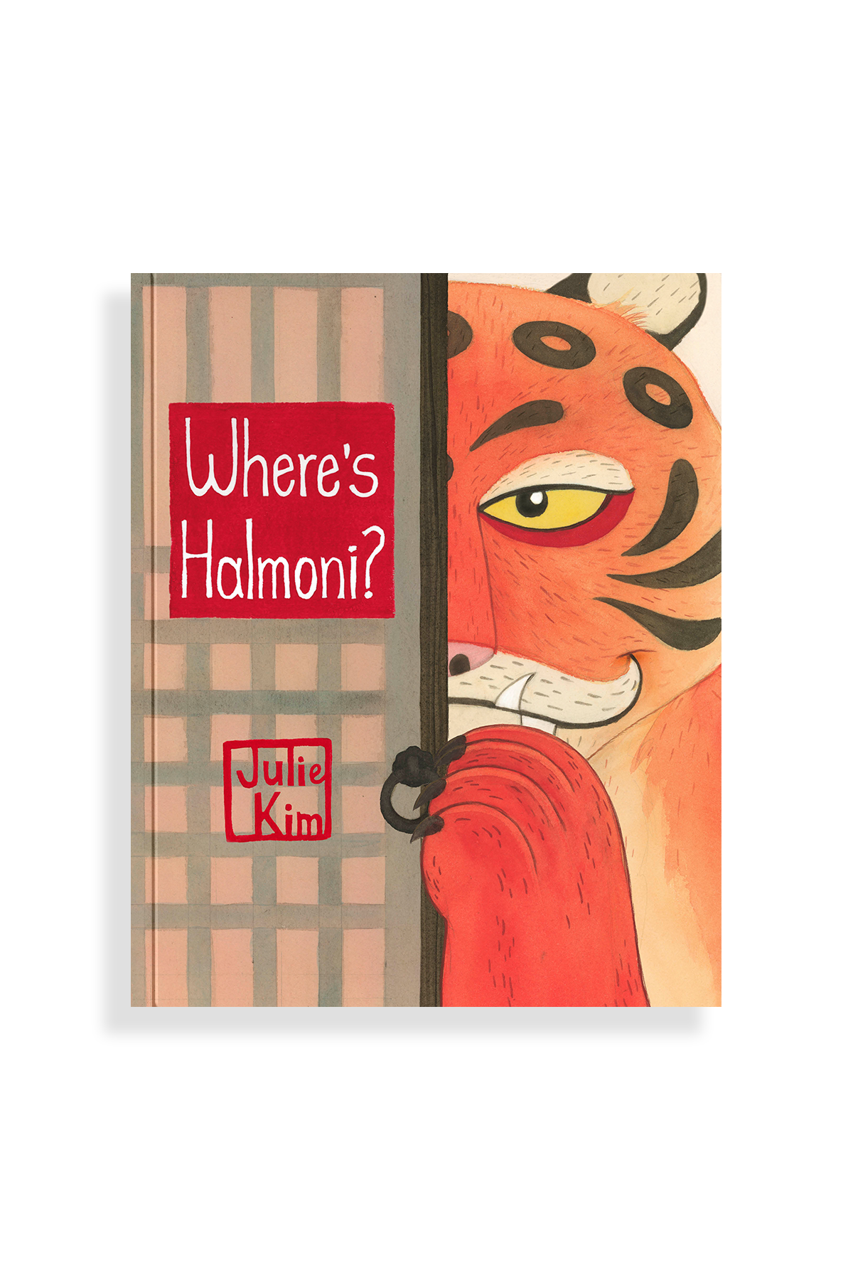 Where's Halmoni? A graphic novel by Julie Kim showing a tiger hiding behind a door. 