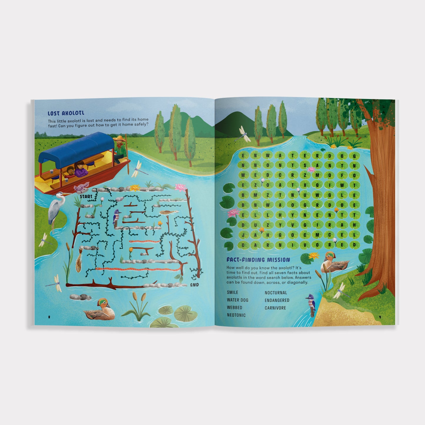 Open book with a maze and checklist on a nature-themed page