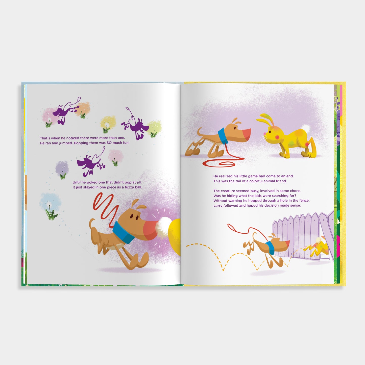 Open book with colorful illustrations of dogs and text on a white background
