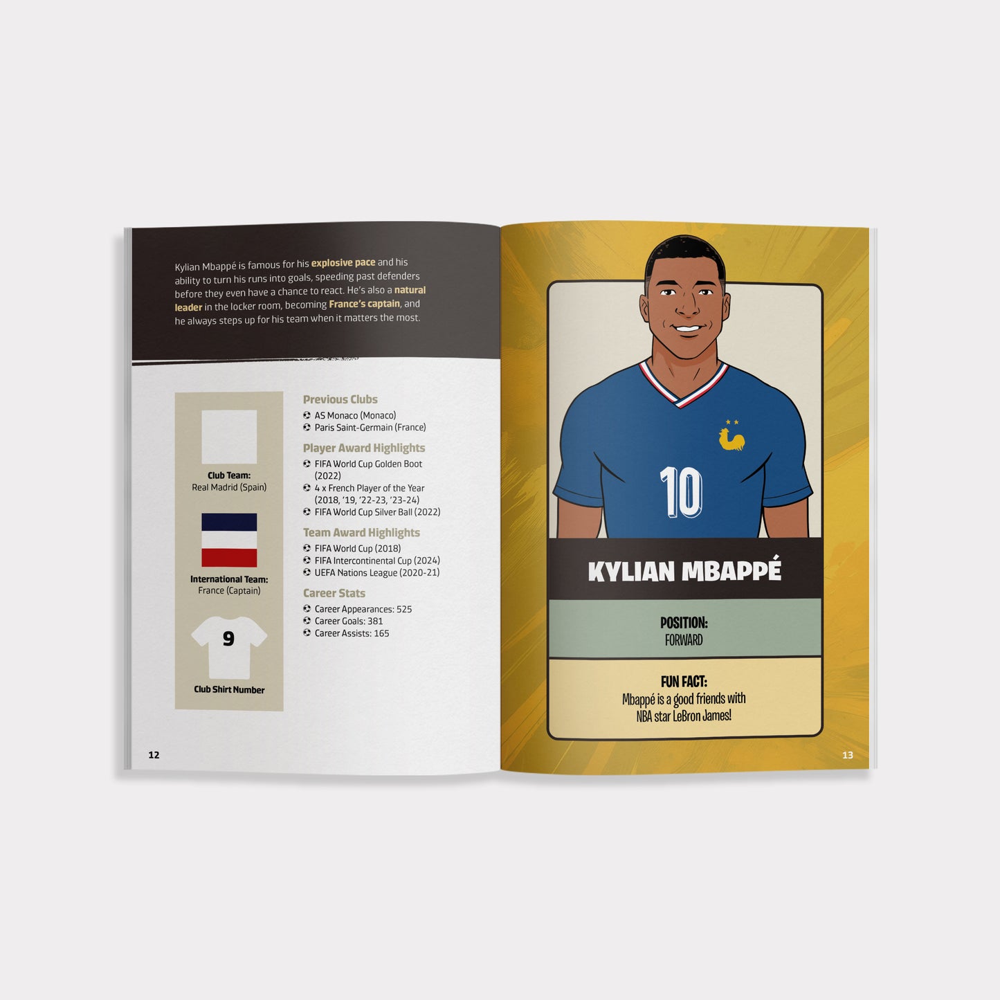 Open book of "The Greatest Soccer Player of All Time" showing a page with a illustrated profile of Kylian Mbappé in a blue jersey.
