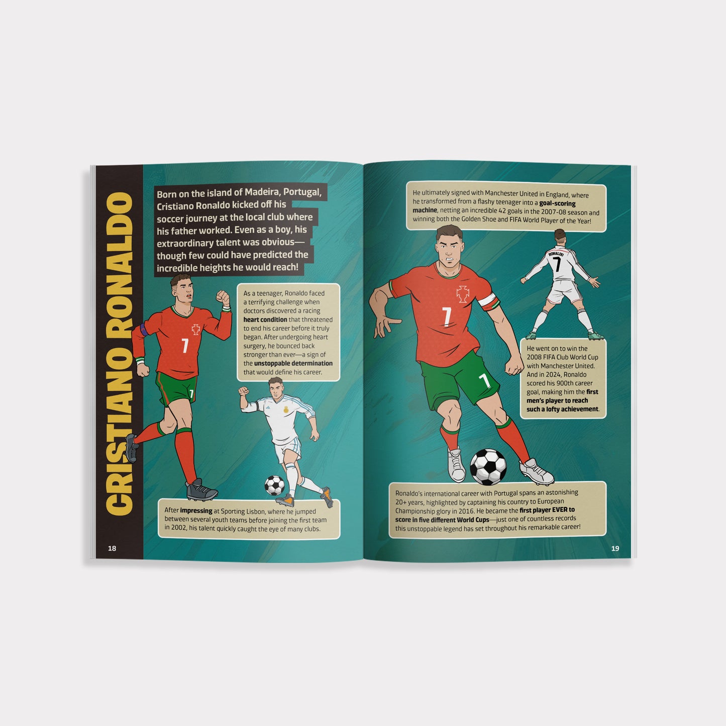 Open book of "The Greatest Soccer Player of All Time" showing a spread about Cristiano Ronaldo with illustrations and text.