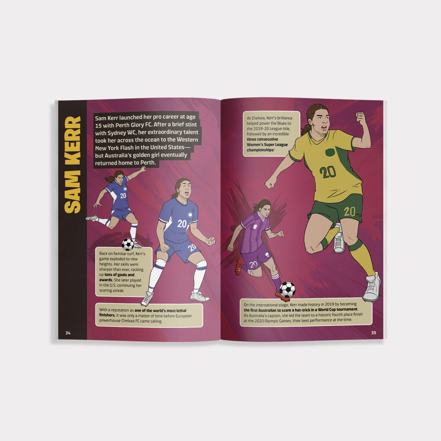 Open book of "The Greatest Soccer Player of All Time" showing a page about Sam Kerr with illustrations and text.
