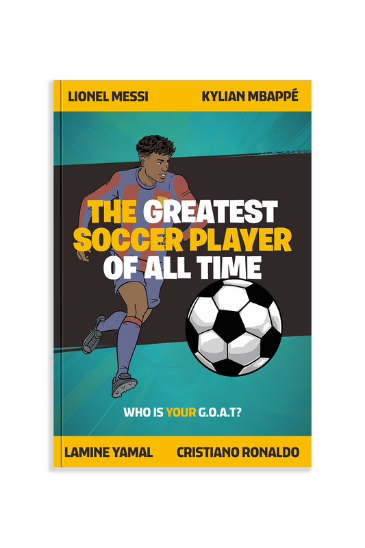 Book cover featuring two soccer players and a soccer ball with text about the greatest soccer player of all time.