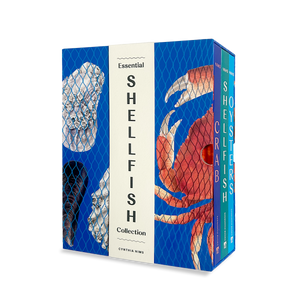 Box packaging for 'Essential Shellfish Collection' with shell and crab illustrations on a white background