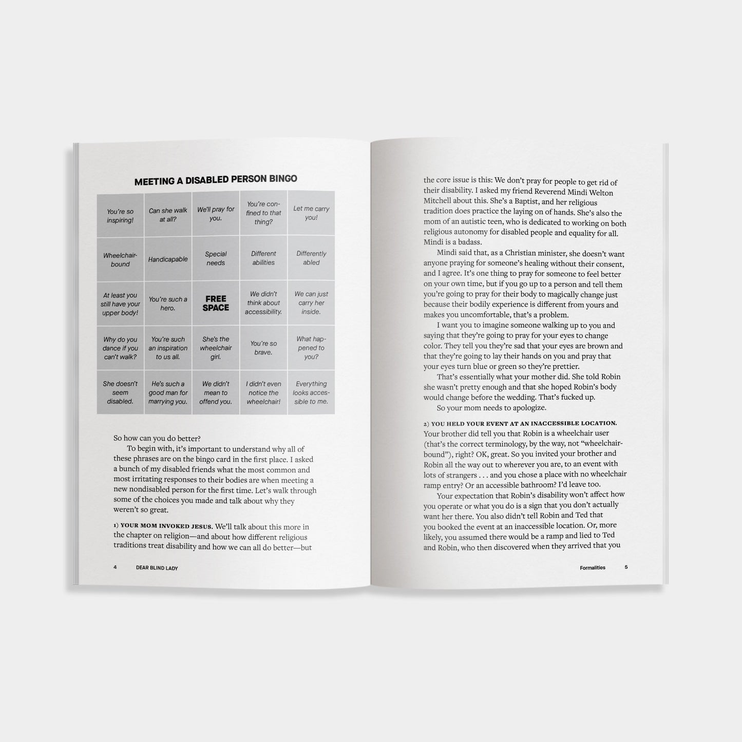 Open book with text and a bingo card on a white background