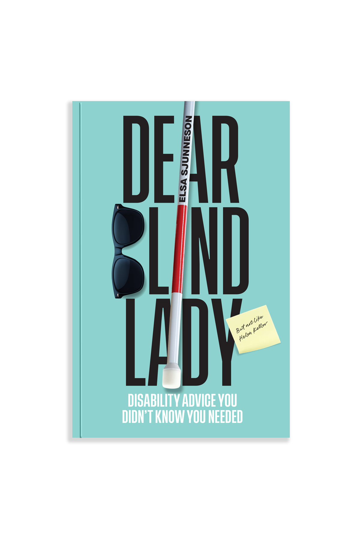 Book titled 'Dear Blind Lady' with a cane and sunglasses on a light blue background