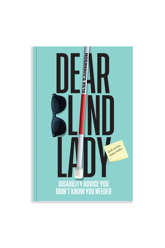 Book titled 'Dear Blind Lady' with a cane and sunglasses on a light blue background