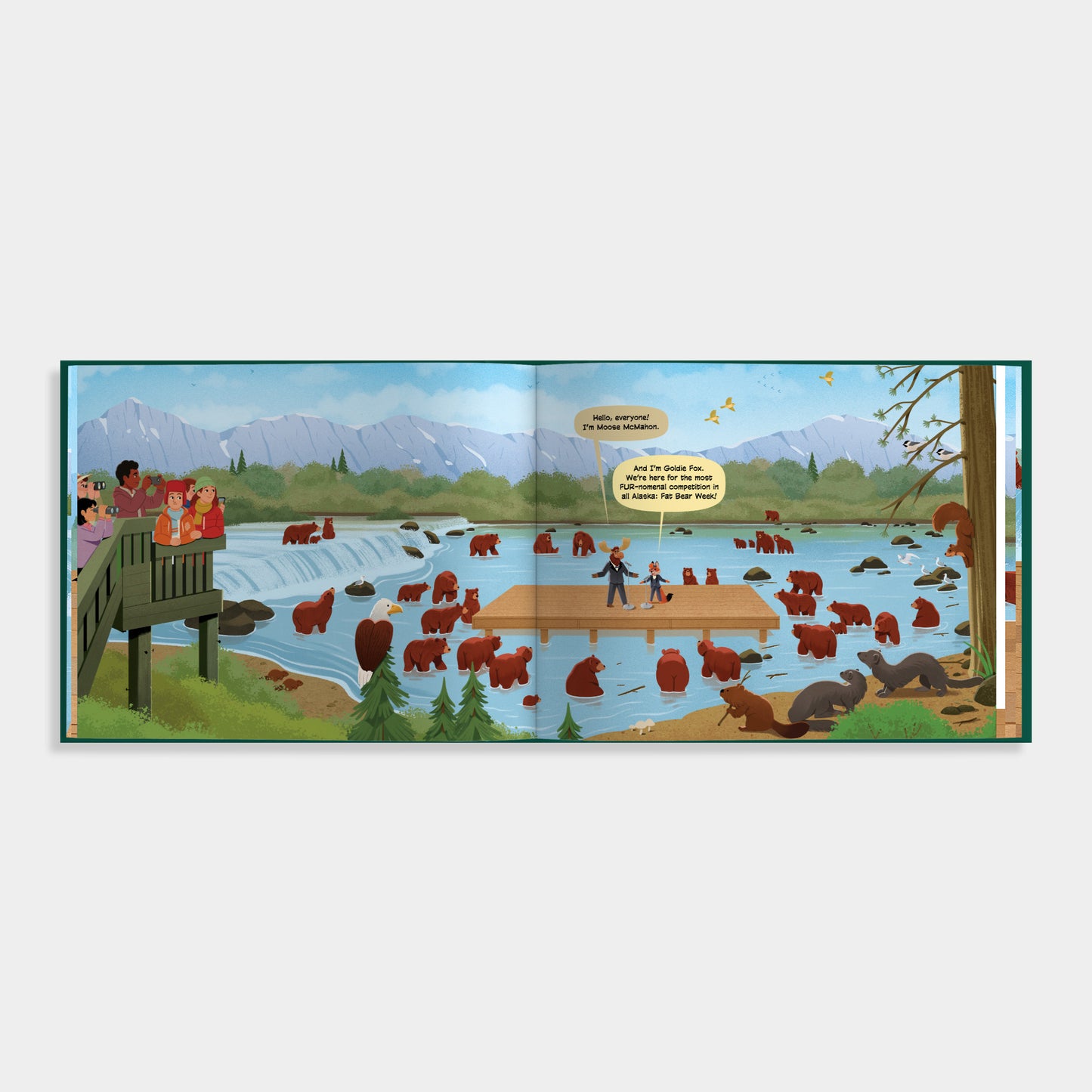 Open book showing cartoon illustrations of people looking at a lake full of bears 