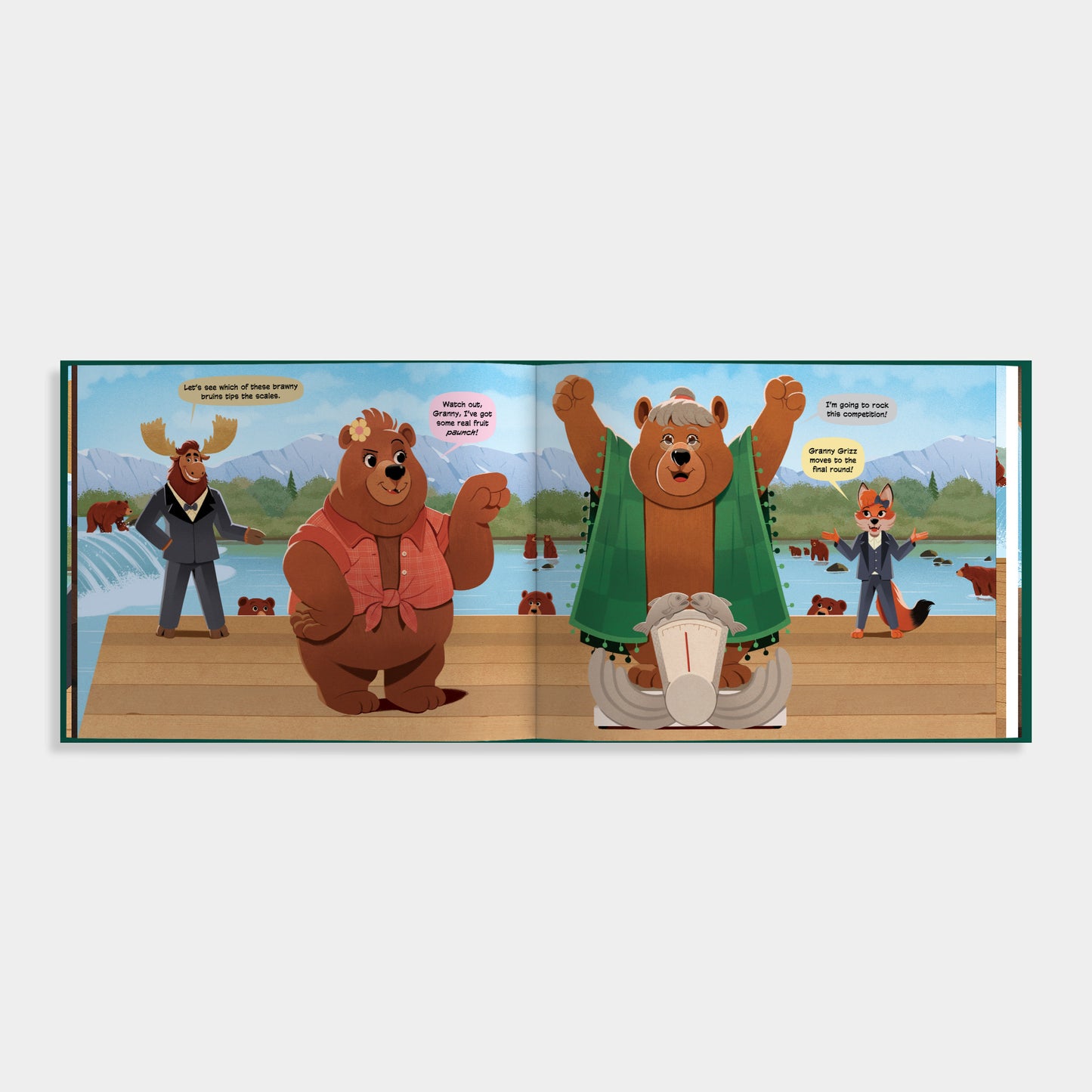 Open book showing cartoon illustrations of different animals. A bear is standing on a scale while a fox and a moose dressed in suits look on. 