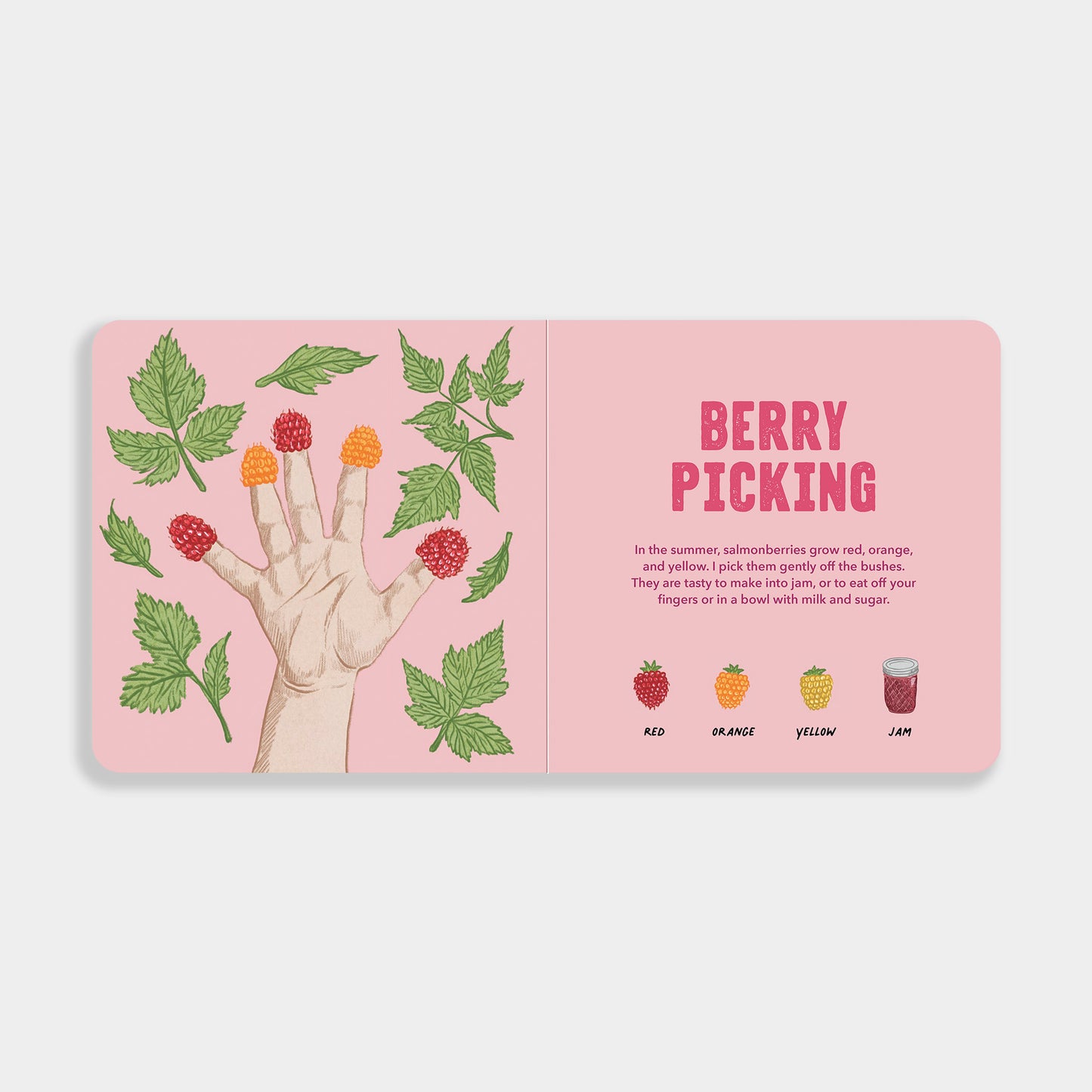 Children's book page with illustration of a hand holding berries and text about berry picking on a pink background.