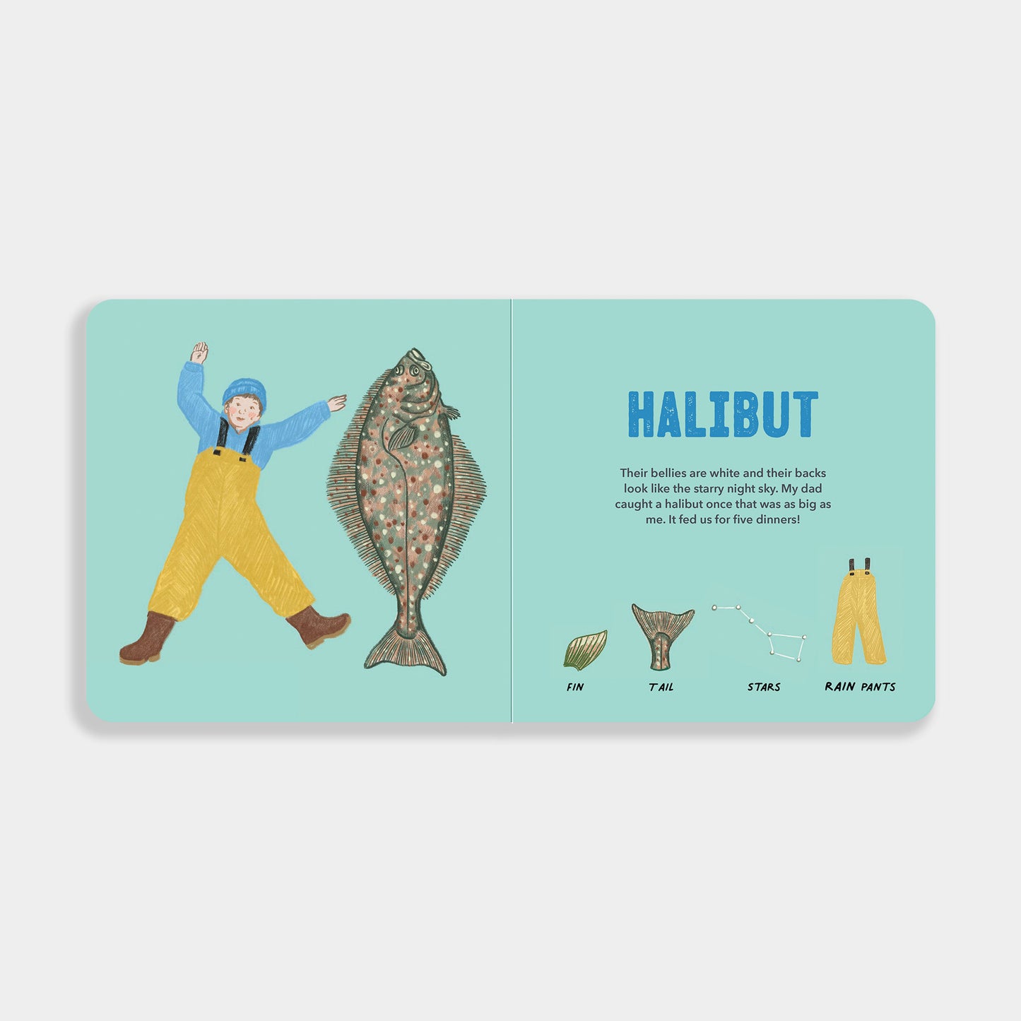 Illustrated book page about halibut with a fish and person in yellow pants on a light blue background