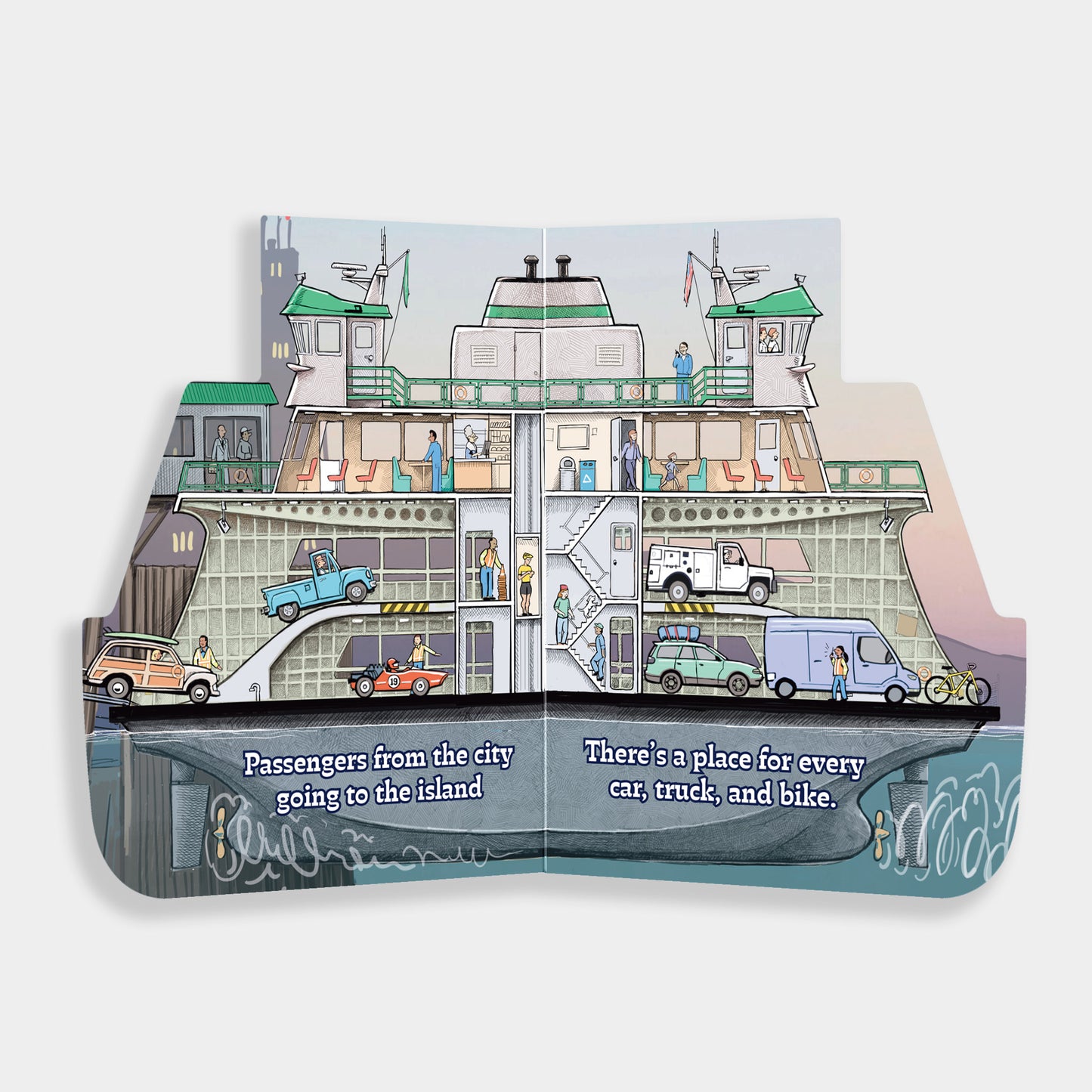 Open book of Working Boats Ferry showing a cross section view of the inside of a ferry where passengers are driving in. 
