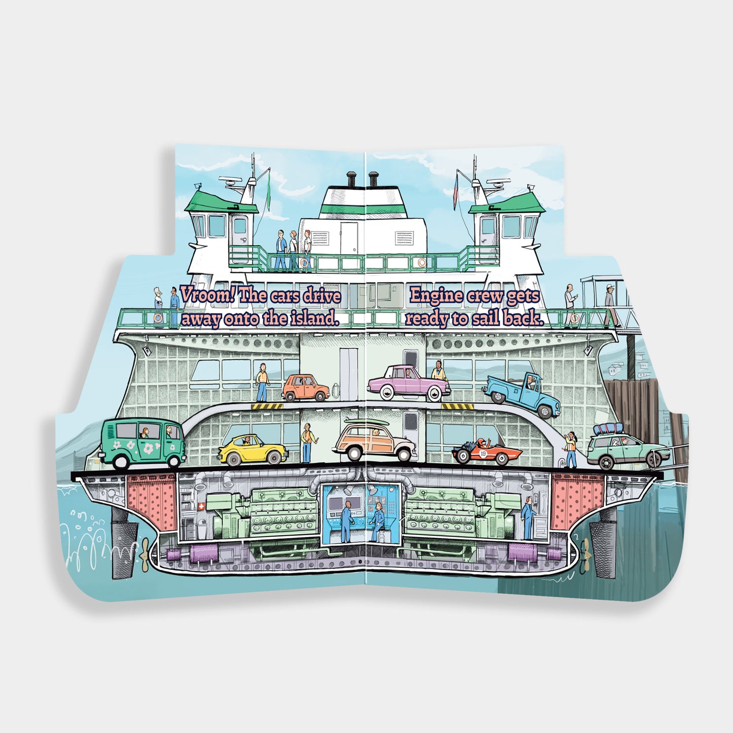 Open book of Working Boats Ferry showing passengers driving off of a ferry. 
