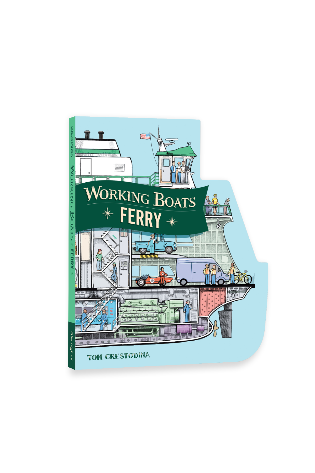 Working Boats Ferry is a die-cut board book shaped into a Ferry! The front cover shows an inside view of a ferry. 