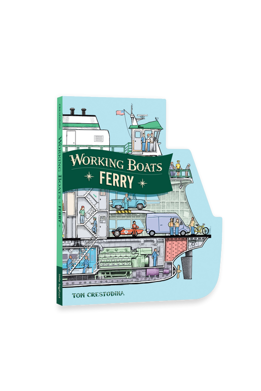 Working Boats Ferry is a die-cut board book shaped into a Ferry! The front cover shows an inside view of a ferry. 