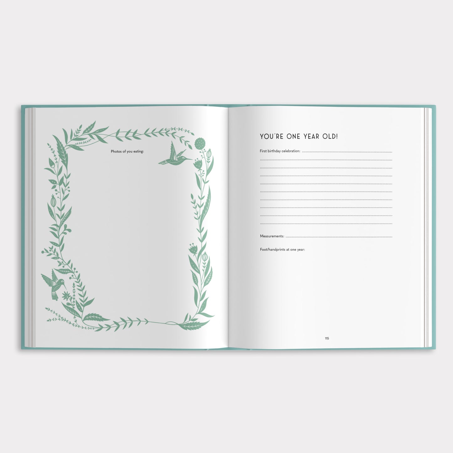 Open book with decorative green leaf patterns on a white background