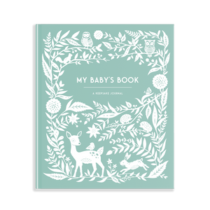 Book titled 'My Baby's Book' with white illustrations on a light blue background