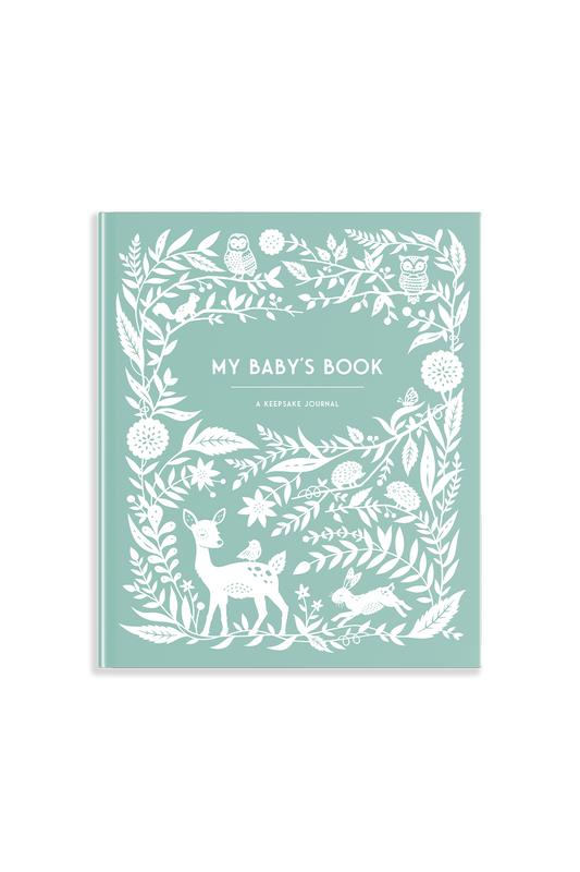 Book titled 'My Baby's Book' with white illustrations on a light blue background