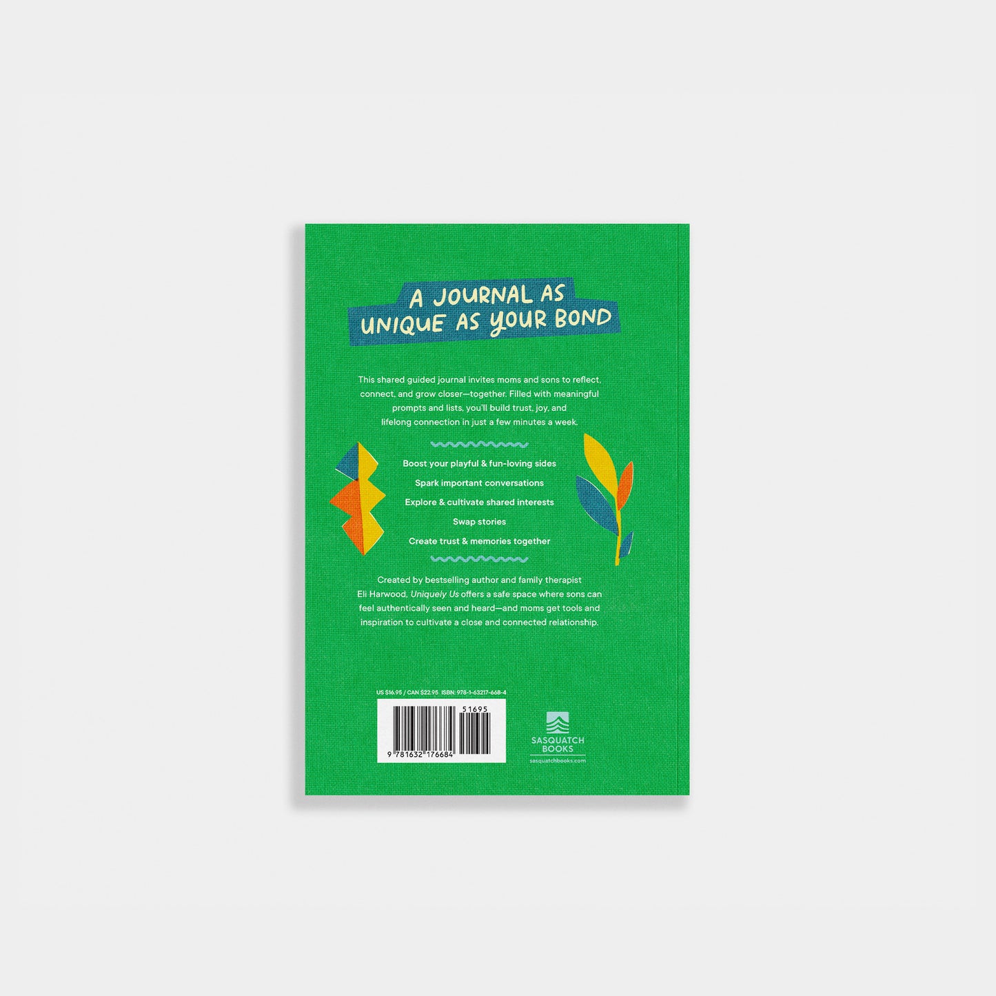 Back cover of a book with green background and colorful text and design elements.