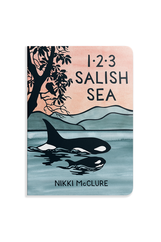 Book cover of '1 2 3 Salish Sea' by Nikki McClure with an illustration of an orca and trees.