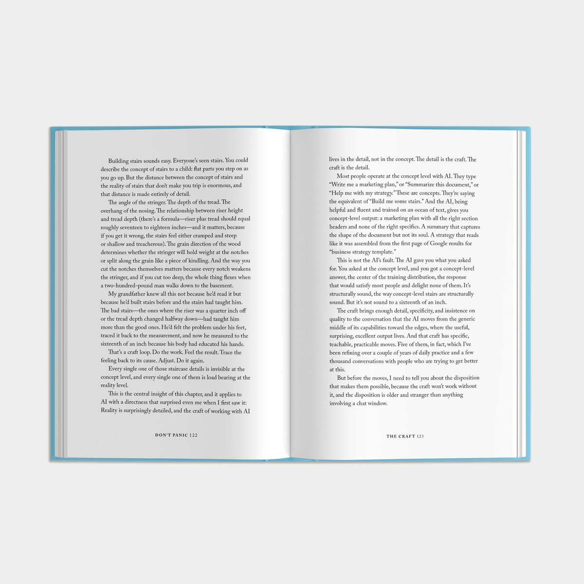 An open book with two pages of black text on white paper, framed by a light blue border, shown against a light gray background.