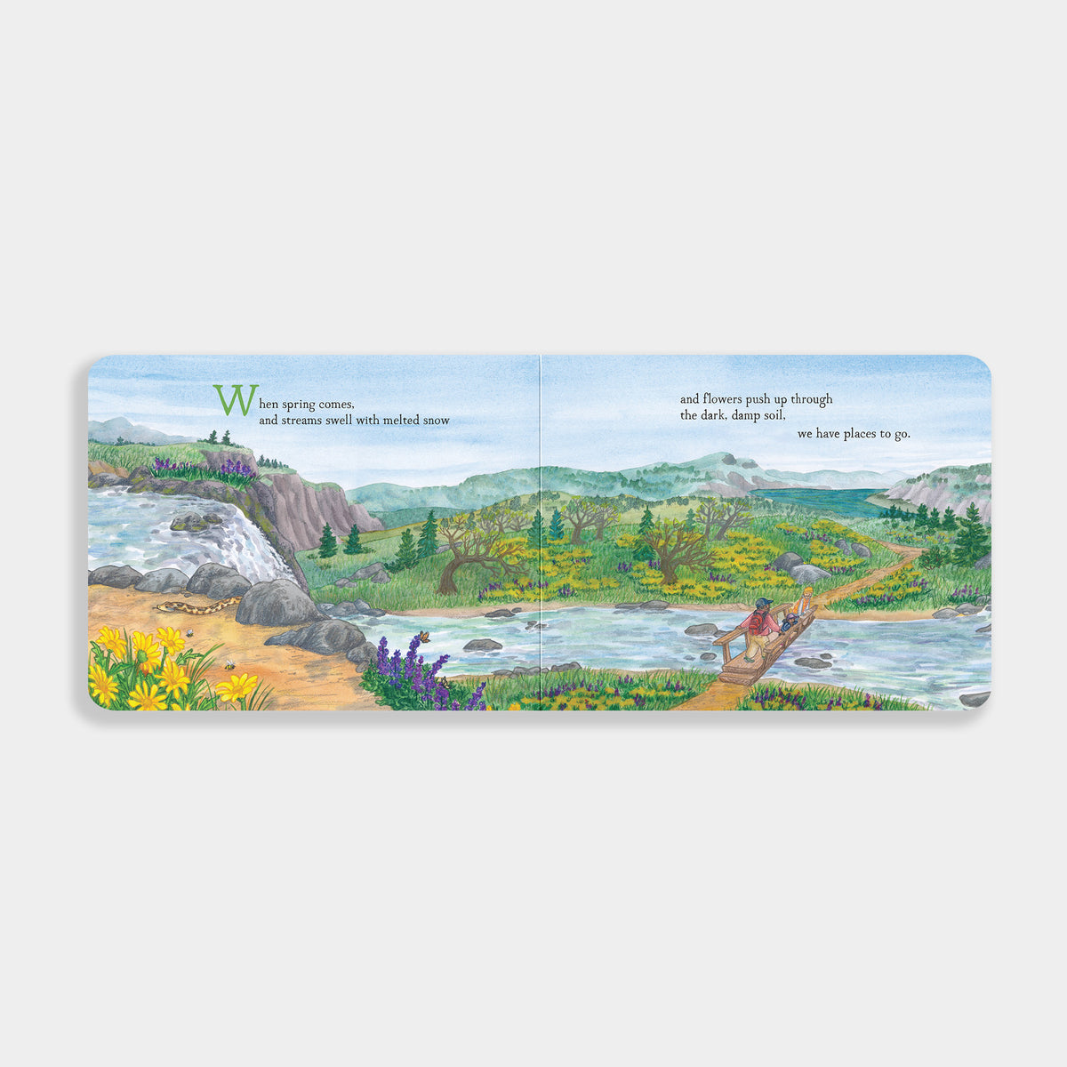 open book of "When Spring Comes'  shows a mountain scene with a stream running through. 