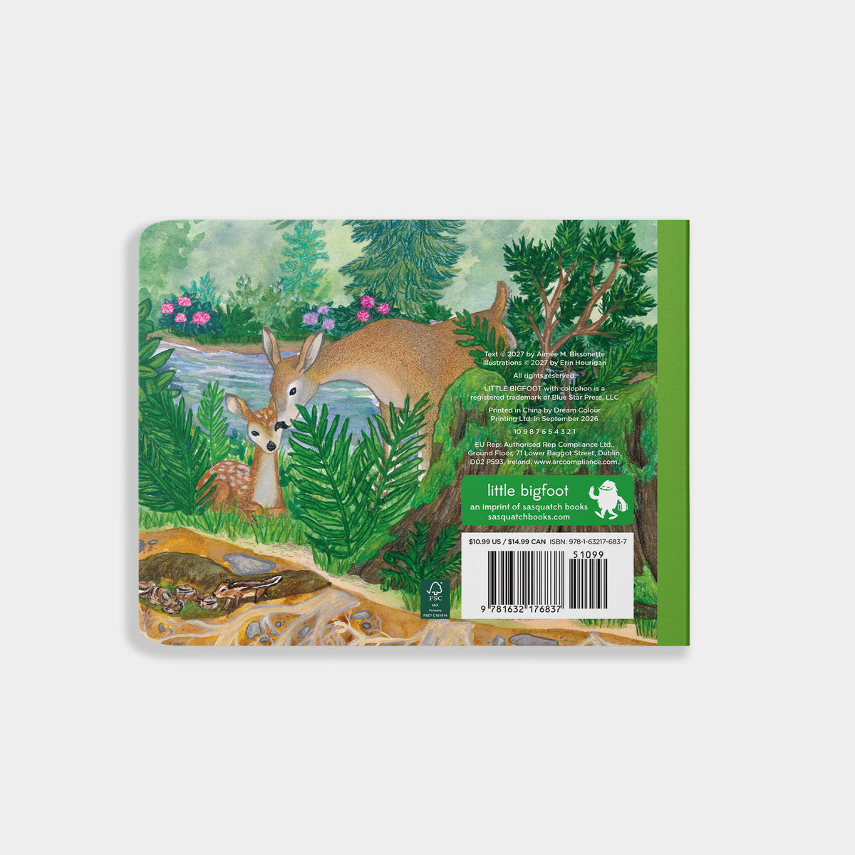 The back cover of a children's book titled 'The Little Rabbit and the Deer' by Sarah Redmond, featuring a colorful forest illustration with deer, ferns, and a river, alongside a green border and barcode.