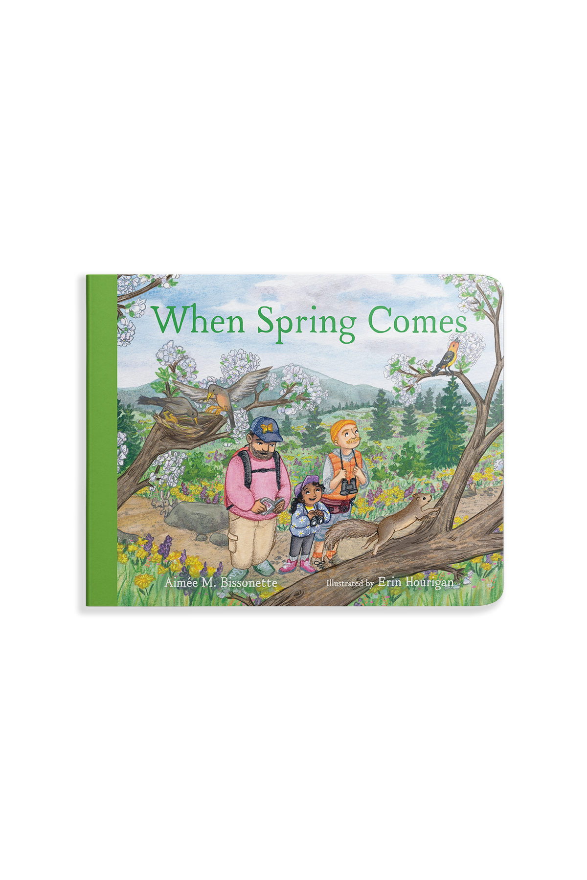 book cover of 'When Spring Comes' has a green spine and a drawing of a family outside in the mountains with binoculars. 
