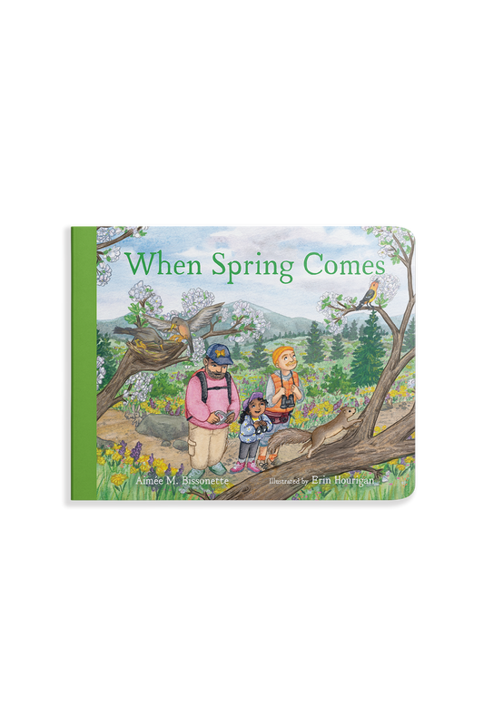 book cover of 'When Spring Comes' has a green spine and a drawing of a family outside in the mountains with binoculars. 