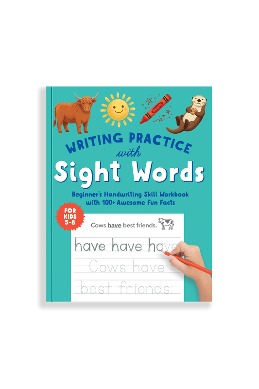 book cover of 'Writing Practice with Sight Words' has a blue cover with a cow, sun, crayon, and beaver on the cover. There's a practice handwriting paper on the cover with a hand writing on it.