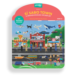 Si Sabo Town sticker set packaging with colorful illustrations on a white background