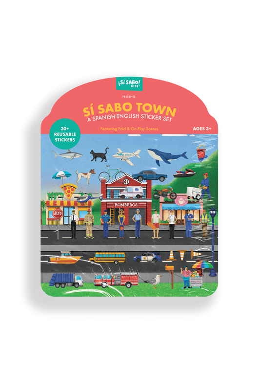 Si Sabo Town sticker set packaging with colorful illustrations on a white background