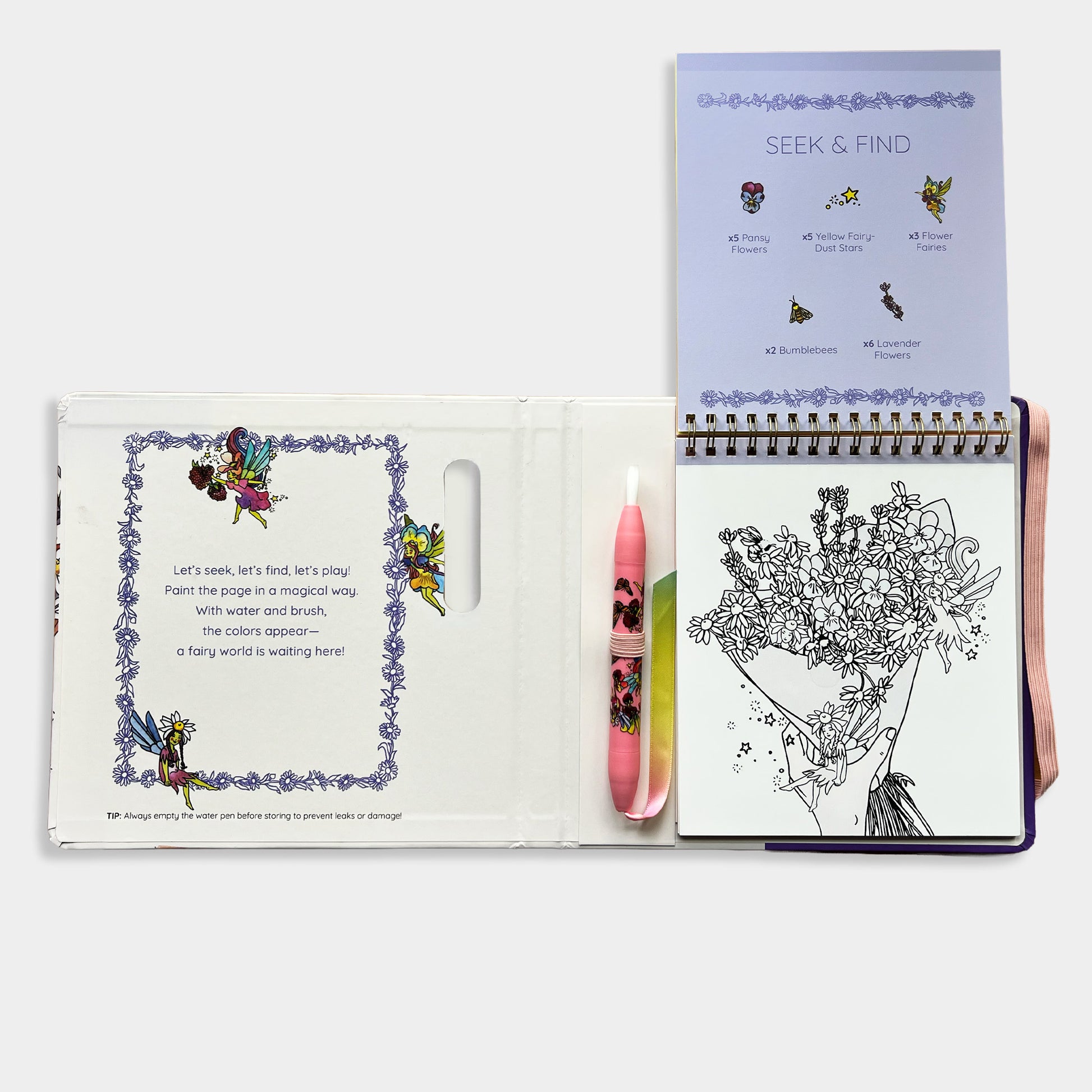 Open book with coloring pages and a pen on a white background