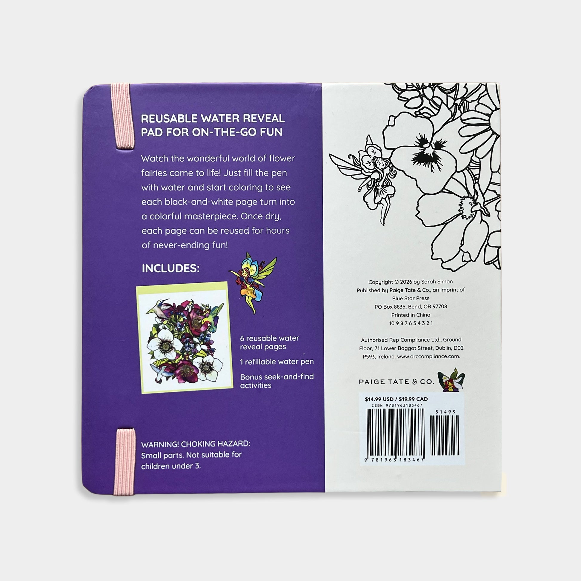 Reusable water reveal pad packaging with purple and white design on a white background