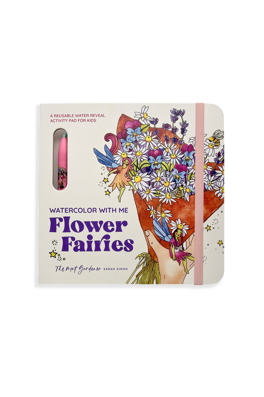 Coloring book titled 'Watercolor with Me Flower Fairies' on a white background