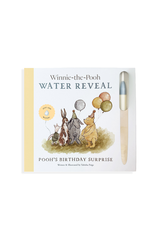 Winnie-the-Pooh water reveal book with balloons and characters on a white background