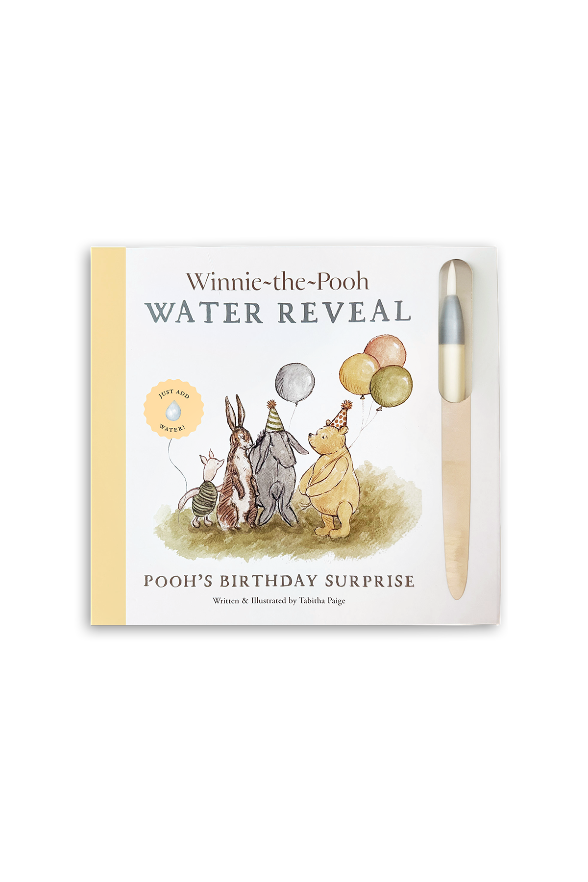 Winnie-the-Pooh Water Reveal book and wooden water pen set on a white background. The book cover shows Winnie-the-Pooh and friends with balloons and the title 'Winnie-the-Pooh WATER REVEAL POOH'S BIRTHDAY SURPRISE'.