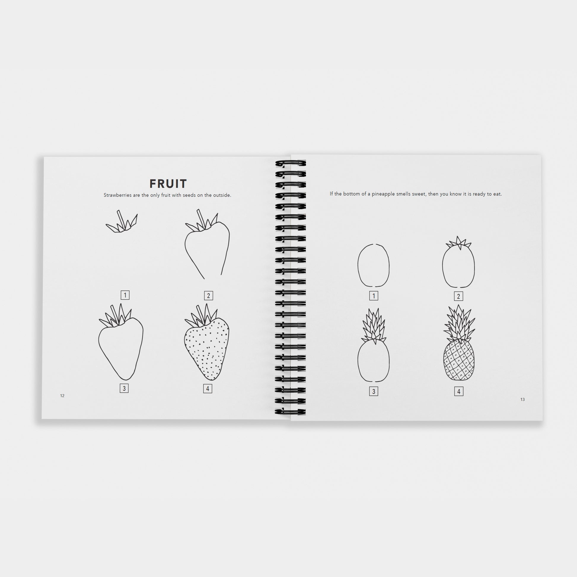 Interior pages of “How to Draw All the Things for Kids” by Alli Koch, showing step-by-step drawing guides for a strawberry and a pineapple with simple numbered illustrations and fun facts
