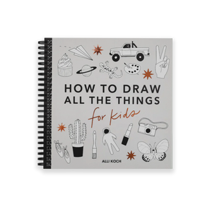 Book titled 'How to Draw All the Things for Kids' with illustrations on a white background
