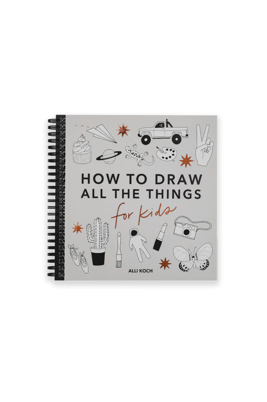 Book titled 'How to Draw All the Things for Kids' with illustrations on a white background