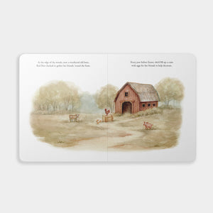 Illustrated book page with a barn and animals on a white background