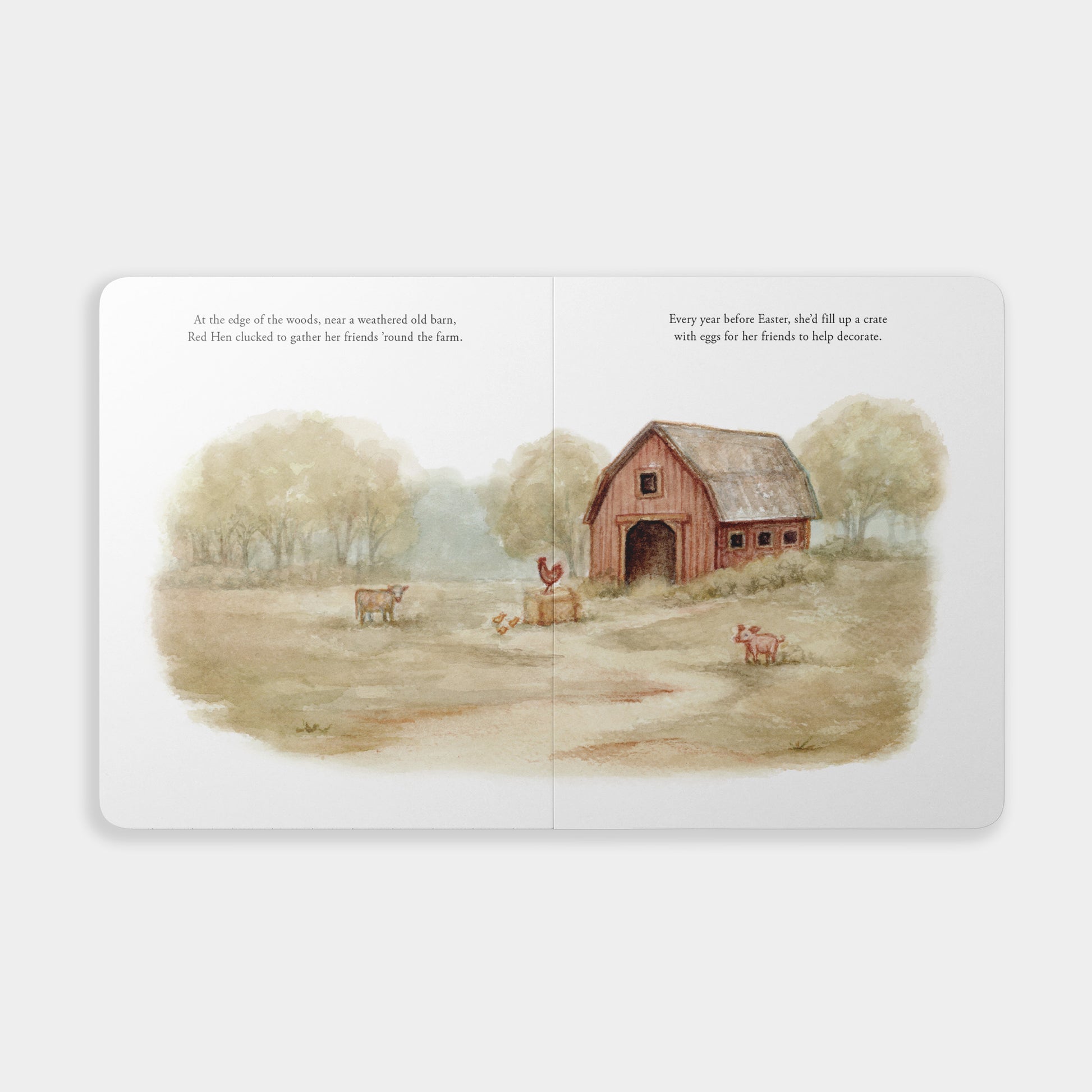 Illustrated book page with a barn and animals on a white background
