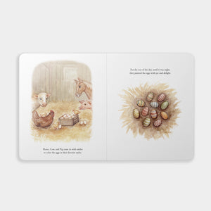 Illustrated book page with farm animals and painted eggs on a white background
