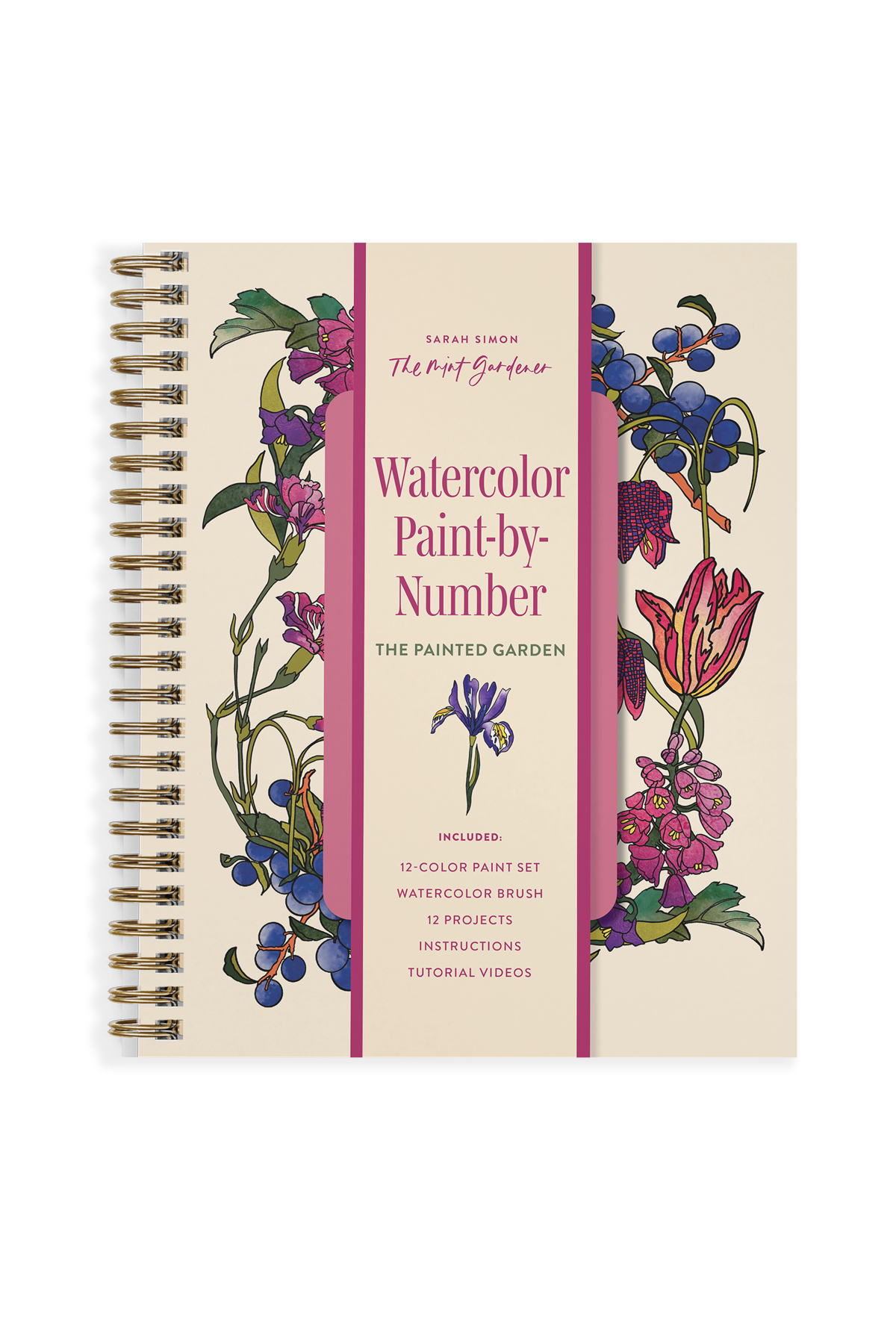A spiral-bound book titled 'Watercolor Paint-by-Number: The Painted Garden' by Sarah Simon, featuring a cream cover with pink and purple floral illustrations and a central pink stripe.