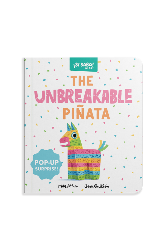 The Unbreakable Piñata a bilingual board book for kids with a confetti on the cover and a piñata