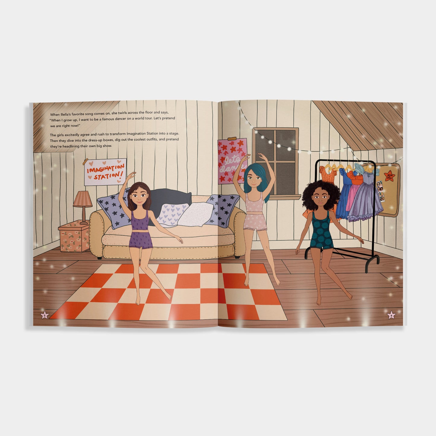 Illustrated book page showing three girls in a room with a checkered floor.